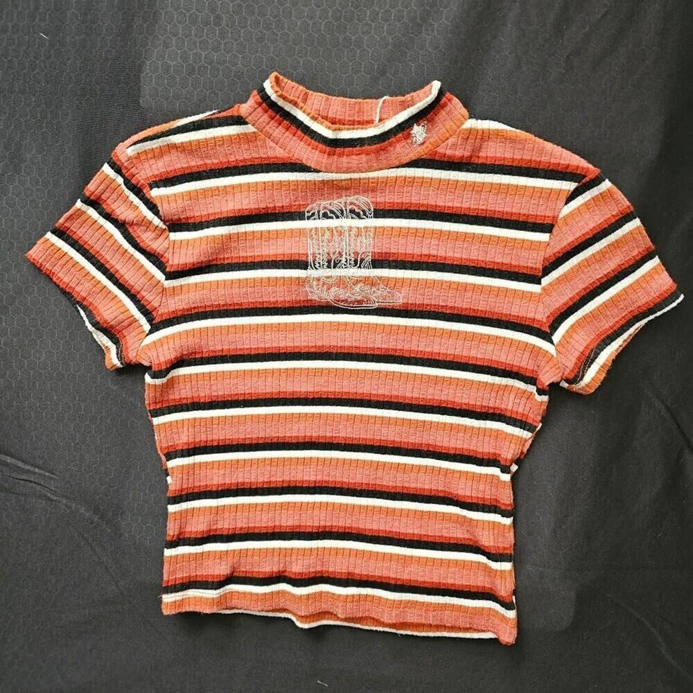 Sky and Sparrow Striped Ribbed Mock Neck Top Cowboy Boot Embroidery Rust Size S